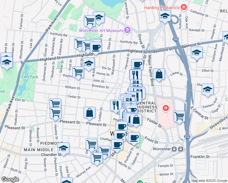 map of restaurants, bars, coffee shops, grocery stores, and more near 33 Chestnut Street in Worcester