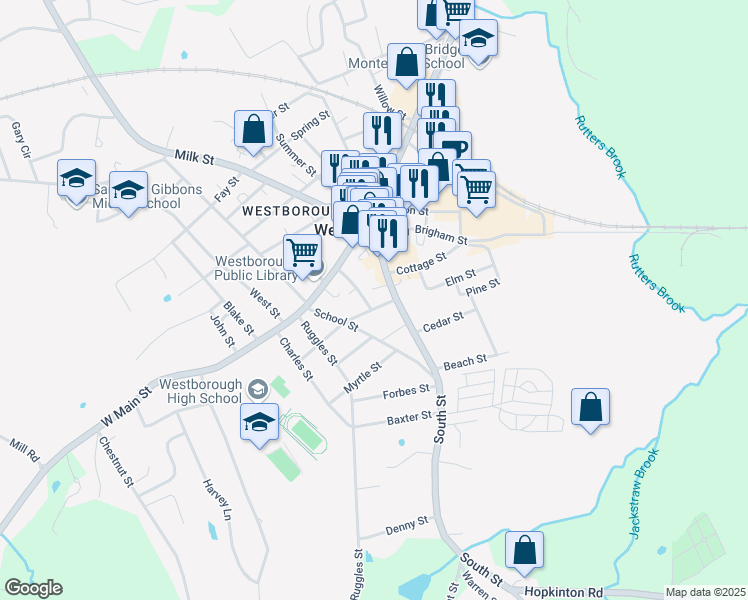 map of restaurants, bars, coffee shops, grocery stores, and more near 5 Cross Street in Westborough