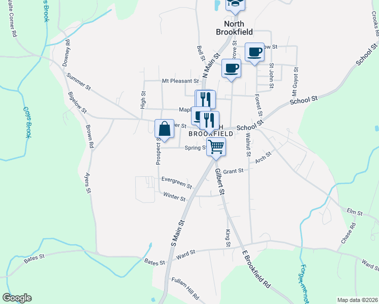 map of restaurants, bars, coffee shops, grocery stores, and more near 19 Spring Street in North Brookfield