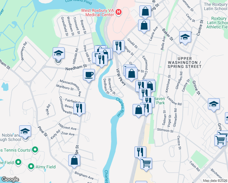 map of restaurants, bars, coffee shops, grocery stores, and more near 1515 VFW Parkway in Boston