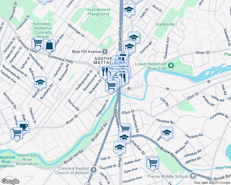 map of restaurants, bars, coffee shops, grocery stores, and more near 524 River Street in Boston