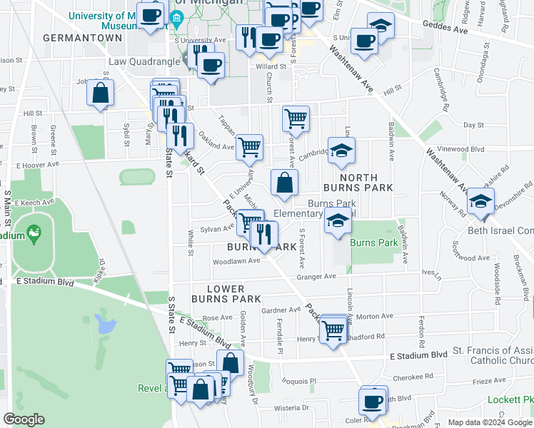 map of restaurants, bars, coffee shops, grocery stores, and more near 1123 Michigan Avenue in Ann Arbor