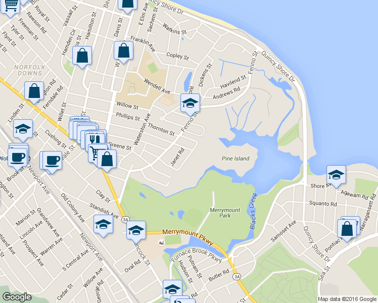 map of restaurants, bars, coffee shops, grocery stores, and more near 78 Meadowbrook Road in Quincy