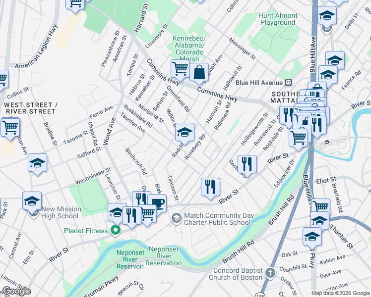 map of restaurants, bars, coffee shops, grocery stores, and more near 154 Ruskindale Road in Boston