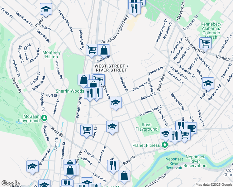 map of restaurants, bars, coffee shops, grocery stores, and more near 50 Thatcher Street in Boston