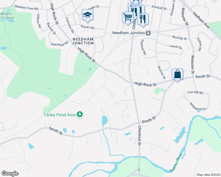 map of restaurants, bars, coffee shops, grocery stores, and more near 36 Aldridge Road in Needham