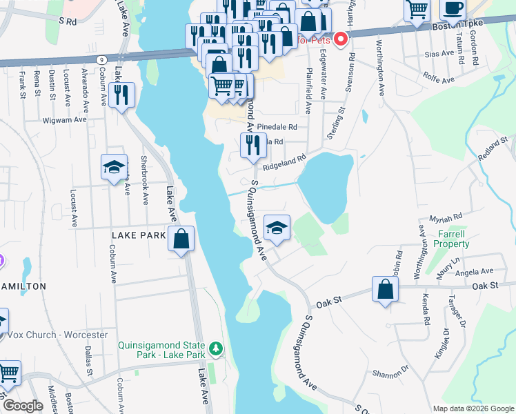 map of restaurants, bars, coffee shops, grocery stores, and more near 112 South Quinsigamond Avenue in Shrewsbury