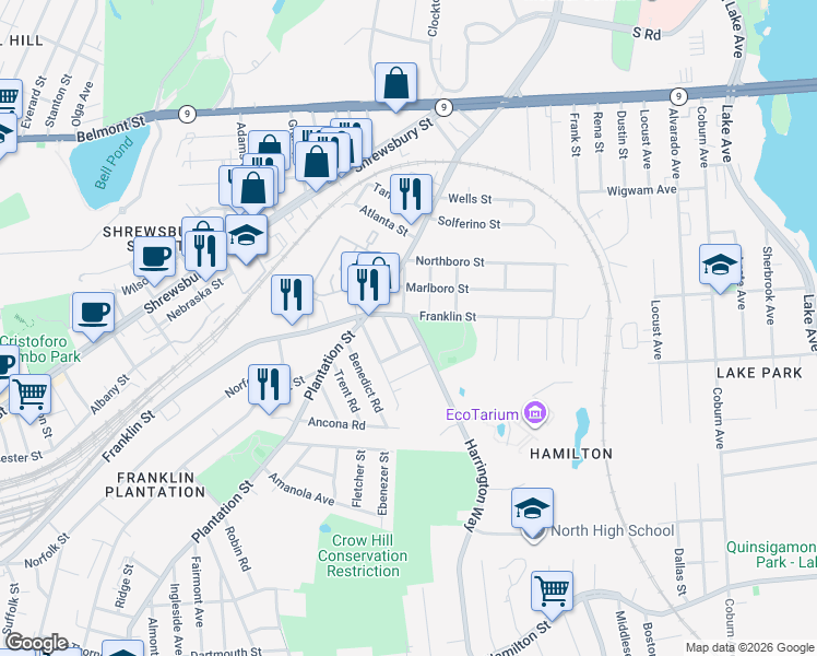 map of restaurants, bars, coffee shops, grocery stores, and more near 3 Cameron Street in Worcester