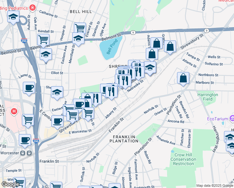 map of restaurants, bars, coffee shops, grocery stores, and more near 233 Shrewsbury Street in Worcester