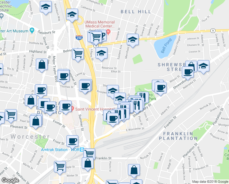 map of restaurants, bars, coffee shops, grocery stores, and more near Prospect Street in Worcester
