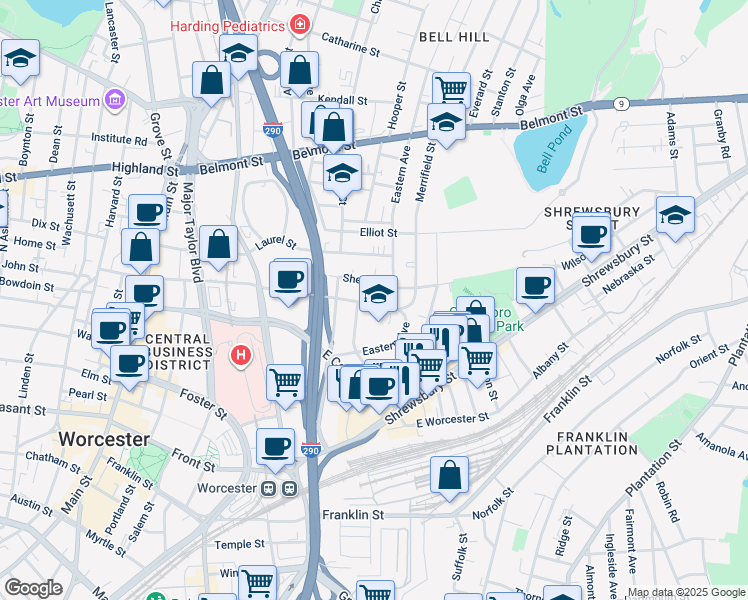map of restaurants, bars, coffee shops, grocery stores, and more near 1 Normal Street in Worcester