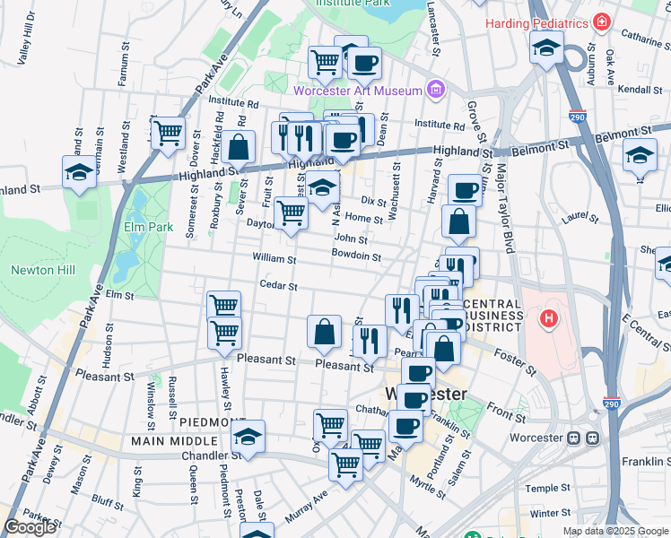 map of restaurants, bars, coffee shops, grocery stores, and more near 27 William Street in Worcester