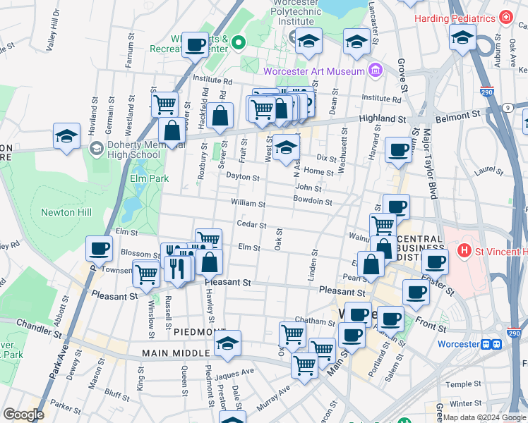 map of restaurants, bars, coffee shops, grocery stores, and more near 38 Cedar Street in Worcester