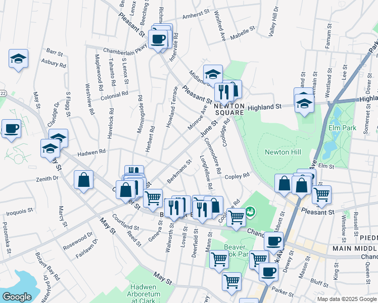 map of restaurants, bars, coffee shops, grocery stores, and more near 58 June Street in Worcester