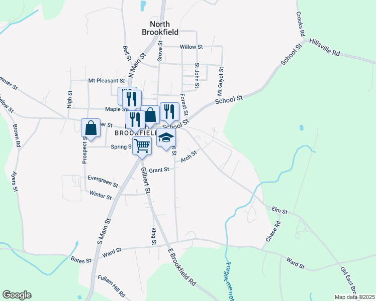 map of restaurants, bars, coffee shops, grocery stores, and more near 11 Arch Street in North Brookfield