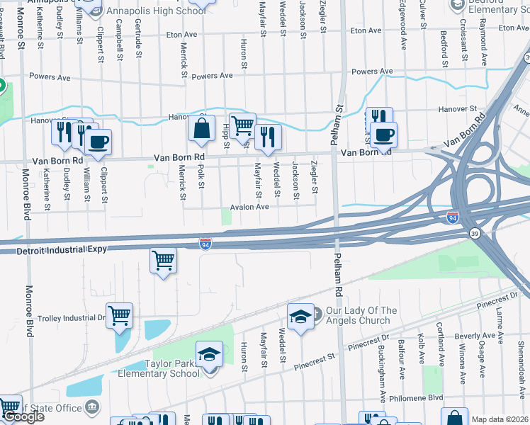 map of restaurants, bars, coffee shops, grocery stores, and more near 6036 Mayfair Street in Taylor