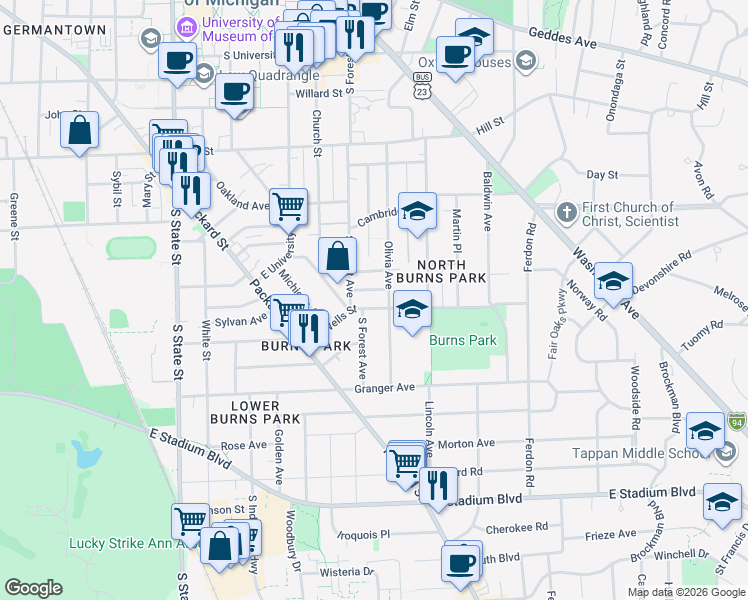 map of restaurants, bars, coffee shops, grocery stores, and more near 1130 Olivia Avenue in Ann Arbor