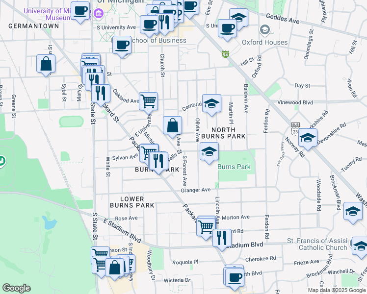 map of restaurants, bars, coffee shops, grocery stores, and more near 1153 South Forest Avenue in Ann Arbor