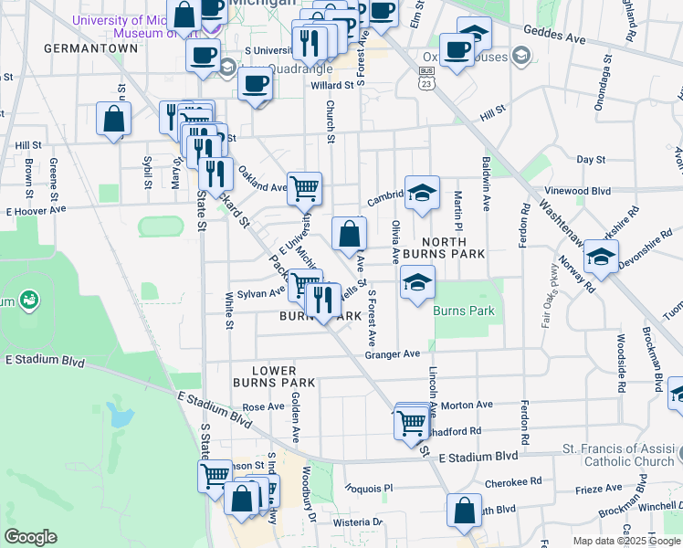 map of restaurants, bars, coffee shops, grocery stores, and more near 1129 Michigan Avenue in Ann Arbor
