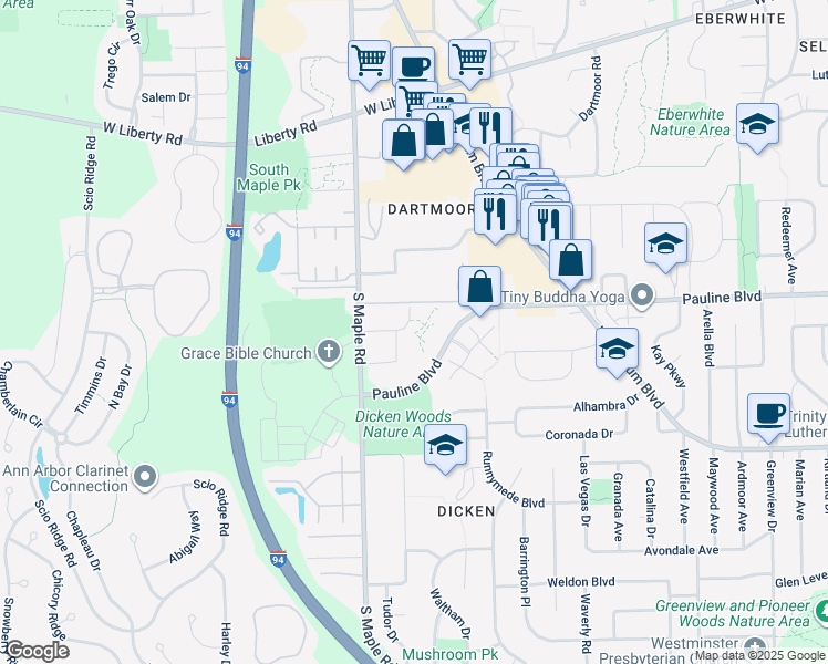 map of restaurants, bars, coffee shops, grocery stores, and more near 2120 Pauline Boulevard in Ann Arbor