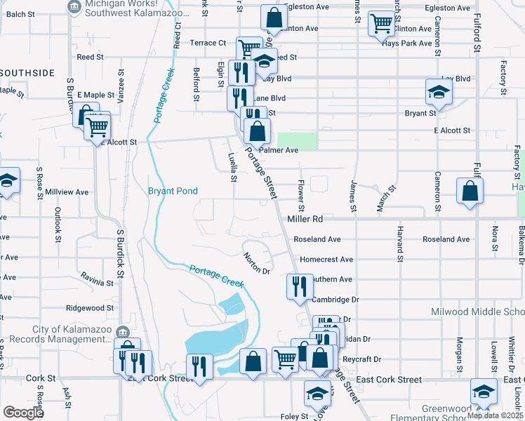 map of restaurants, bars, coffee shops, grocery stores, and more near 2300 Portage Street in Kalamazoo
