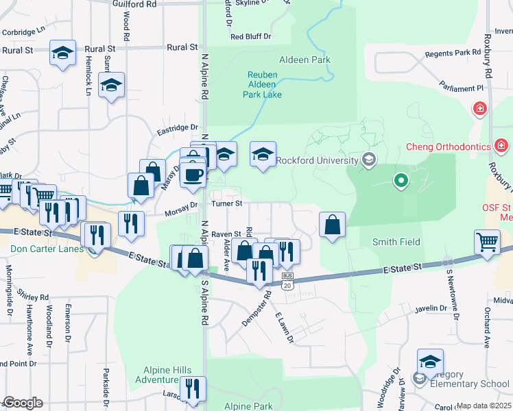 map of restaurants, bars, coffee shops, grocery stores, and more near 332 Ridgeview Avenue in Rockford