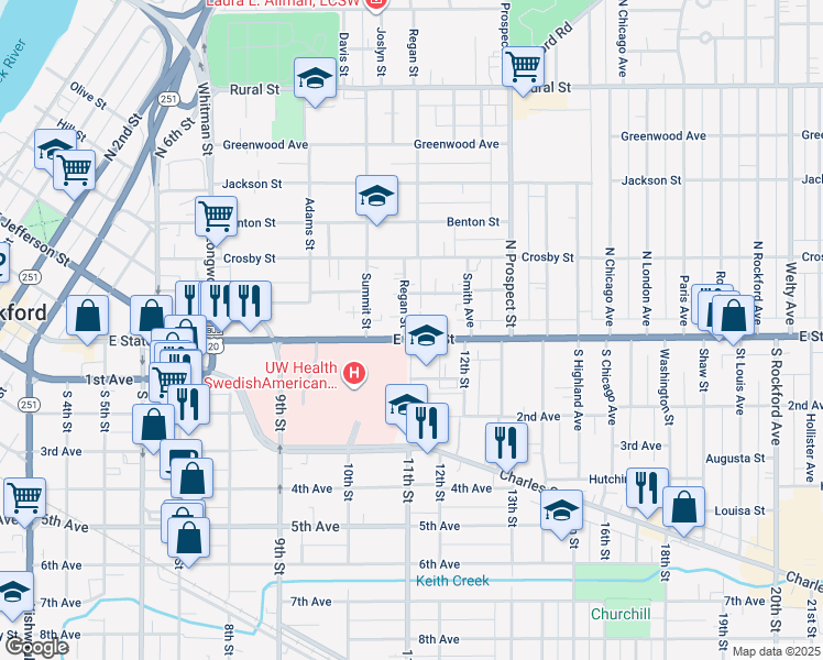 map of restaurants, bars, coffee shops, grocery stores, and more near 1510 East State Street in Rockford