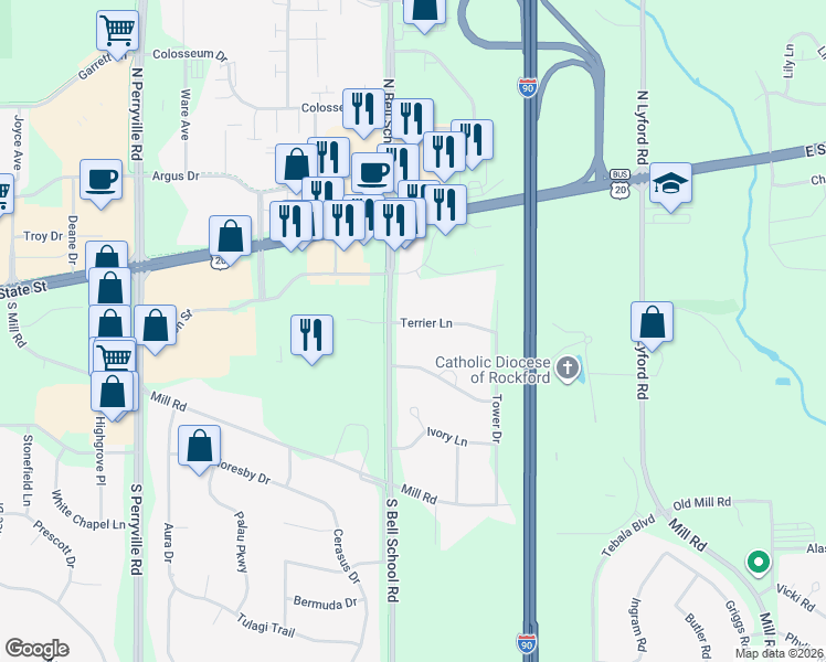map of restaurants, bars, coffee shops, grocery stores, and more near 7551 Terrier Lane in Rockford