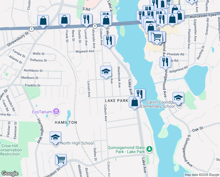 map of restaurants, bars, coffee shops, grocery stores, and more near 36 Agate Avenue in Worcester