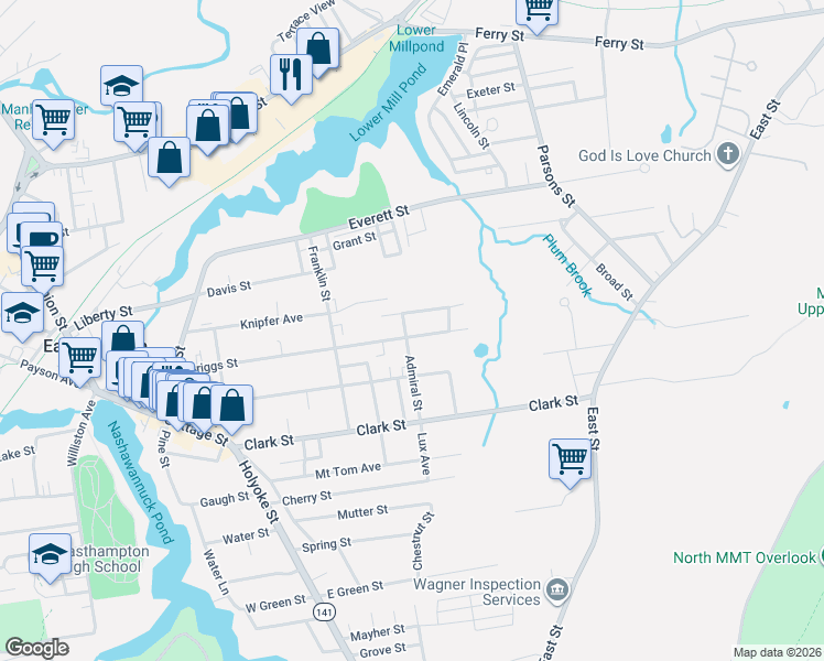map of restaurants, bars, coffee shops, grocery stores, and more near 28 Admiral Street in Easthampton