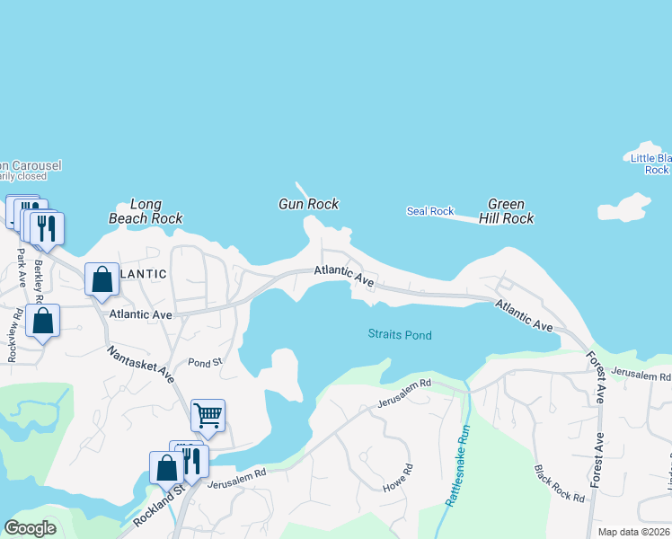 map of restaurants, bars, coffee shops, grocery stores, and more near 155 Atlantic Avenue in Hull