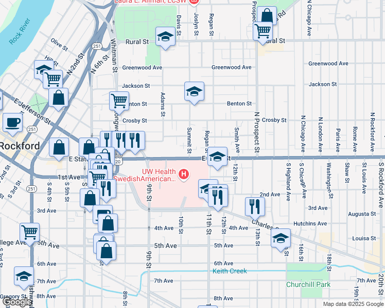 map of restaurants, bars, coffee shops, grocery stores, and more near 1404 East State Street in Rockford