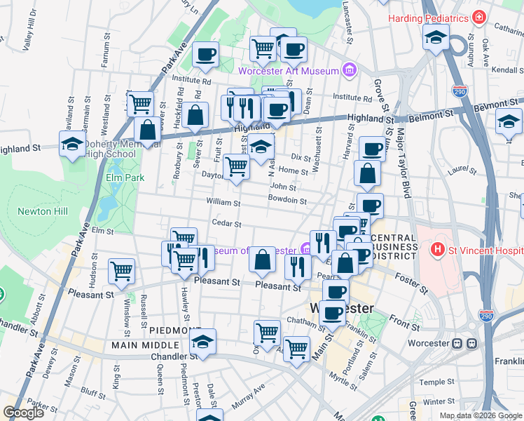 map of restaurants, bars, coffee shops, grocery stores, and more near 33 William Street in Worcester