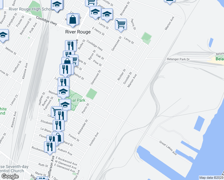 map of restaurants, bars, coffee shops, grocery stores, and more near 288 Richter Street in River Rouge