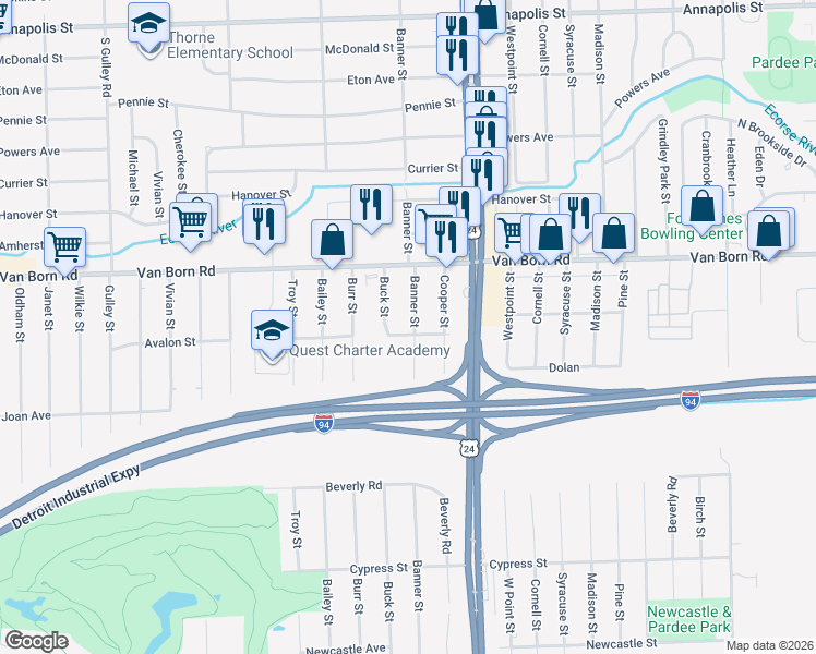 map of restaurants, bars, coffee shops, grocery stores, and more near 5965 Banner Street in Taylor