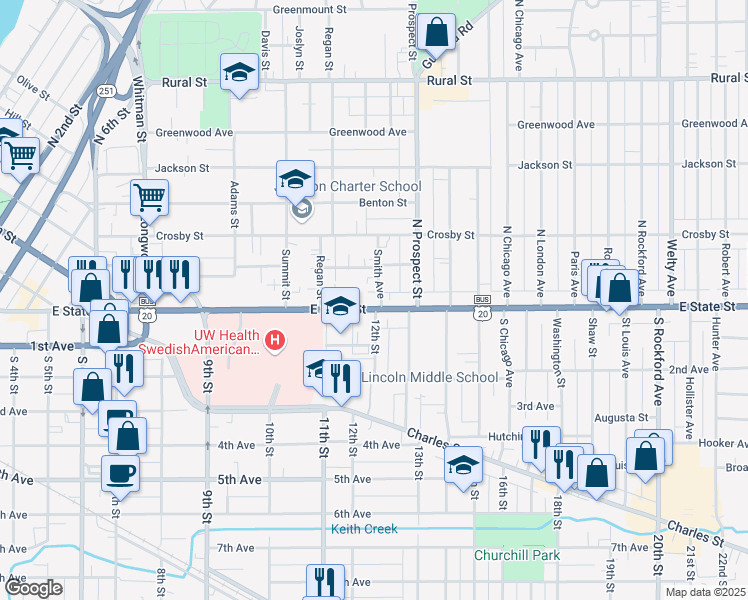 map of restaurants, bars, coffee shops, grocery stores, and more near 1554 East State Street in Rockford