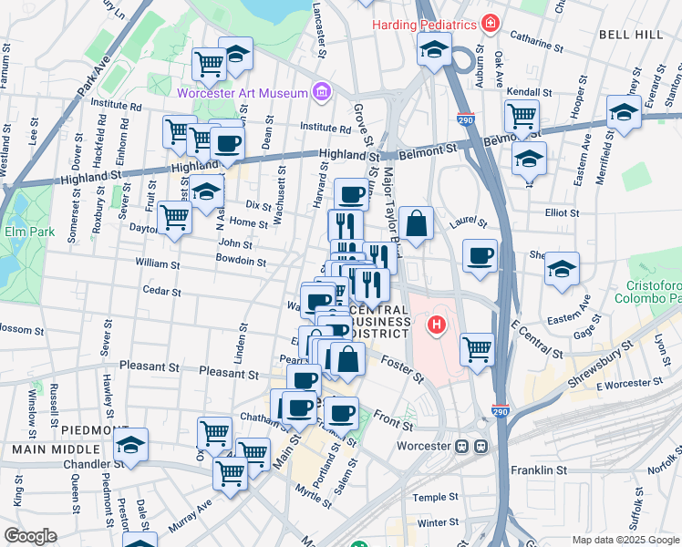 map of restaurants, bars, coffee shops, grocery stores, and more near 240 Main Street in Worcester
