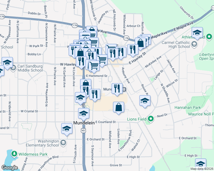 map of restaurants, bars, coffee shops, grocery stores, and more near 250 Plaza Circle in Mundelein