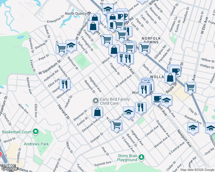 map of restaurants, bars, coffee shops, grocery stores, and more near 74 Taylor Street in Quincy
