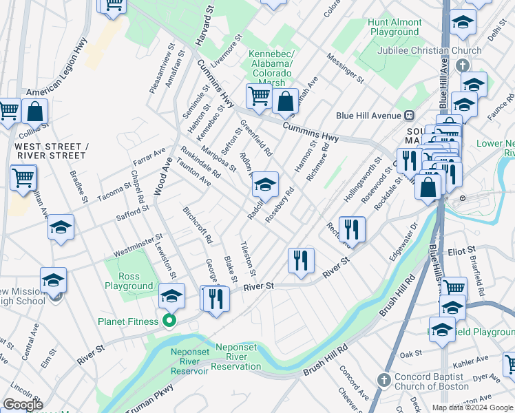 map of restaurants, bars, coffee shops, grocery stores, and more near 154 Ruskindale Road in Boston