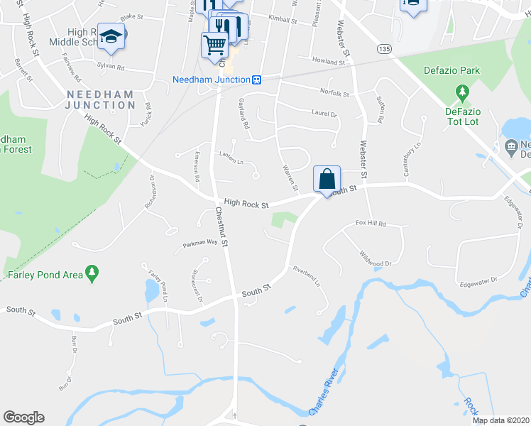 map of restaurants, bars, coffee shops, grocery stores, and more near 72 High Rock Street in Needham