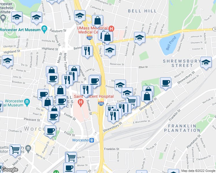 map of restaurants, bars, coffee shops, grocery stores, and more near Prospect Street in Worcester