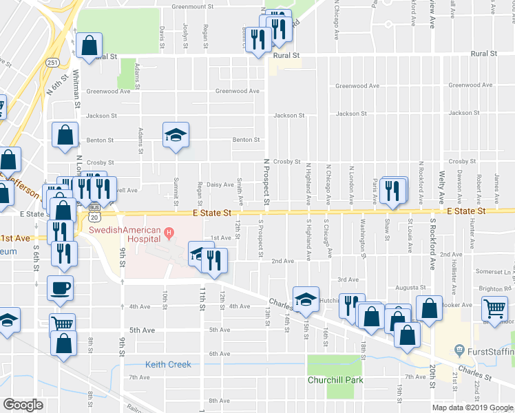 map of restaurants, bars, coffee shops, grocery stores, and more near 1622 East State Street in Rockford