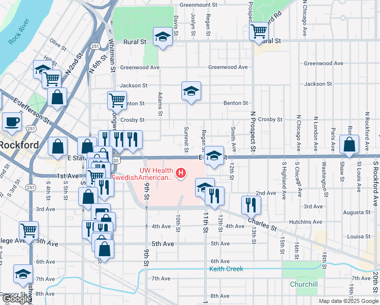 map of restaurants, bars, coffee shops, grocery stores, and more near in Rockford