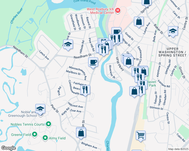map of restaurants, bars, coffee shops, grocery stores, and more near 122 Bridge Street in Dedham