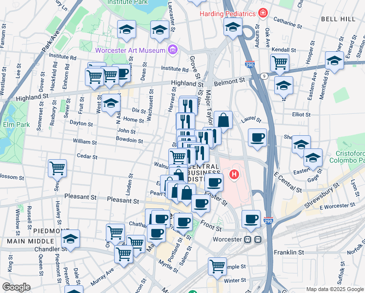 map of restaurants, bars, coffee shops, grocery stores, and more near 240 Main Street in Worcester