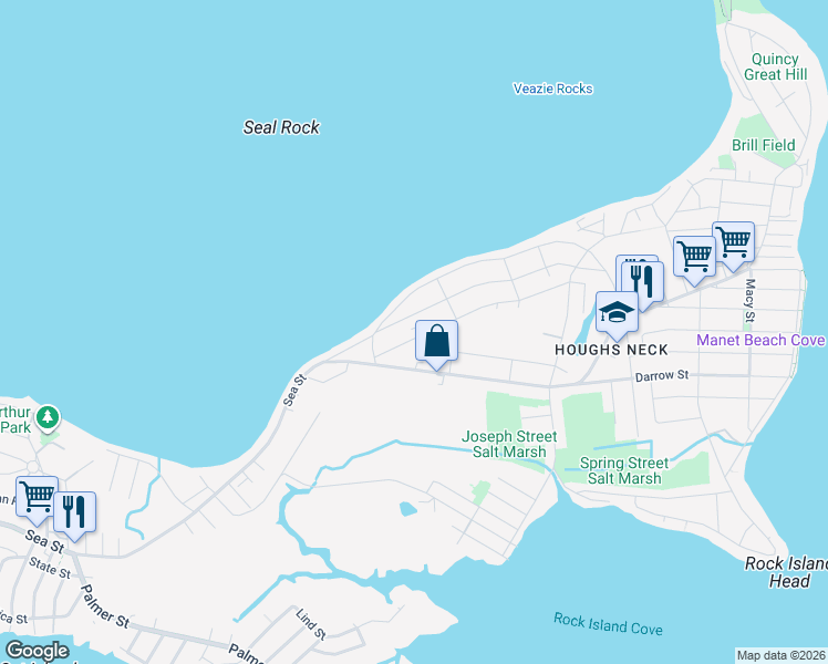 map of restaurants, bars, coffee shops, grocery stores, and more near 45 Stoughton Street in Quincy