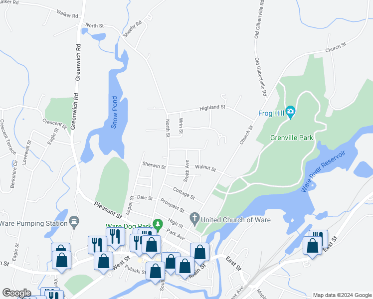 map of restaurants, bars, coffee shops, grocery stores, and more near 98 Smith Avenue in Ware