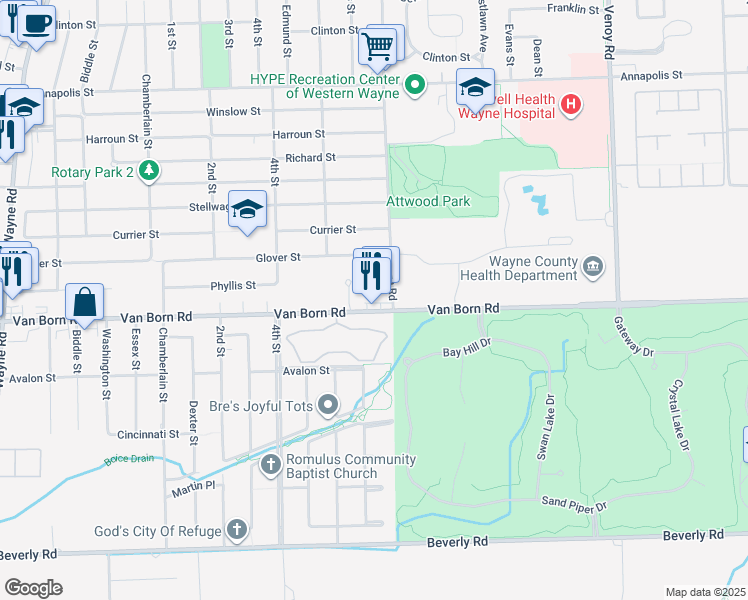 map of restaurants, bars, coffee shops, grocery stores, and more near 33970 Van Born Road in Wayne