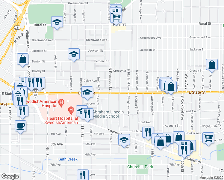 map of restaurants, bars, coffee shops, grocery stores, and more near 1720 East State Street in Rockford